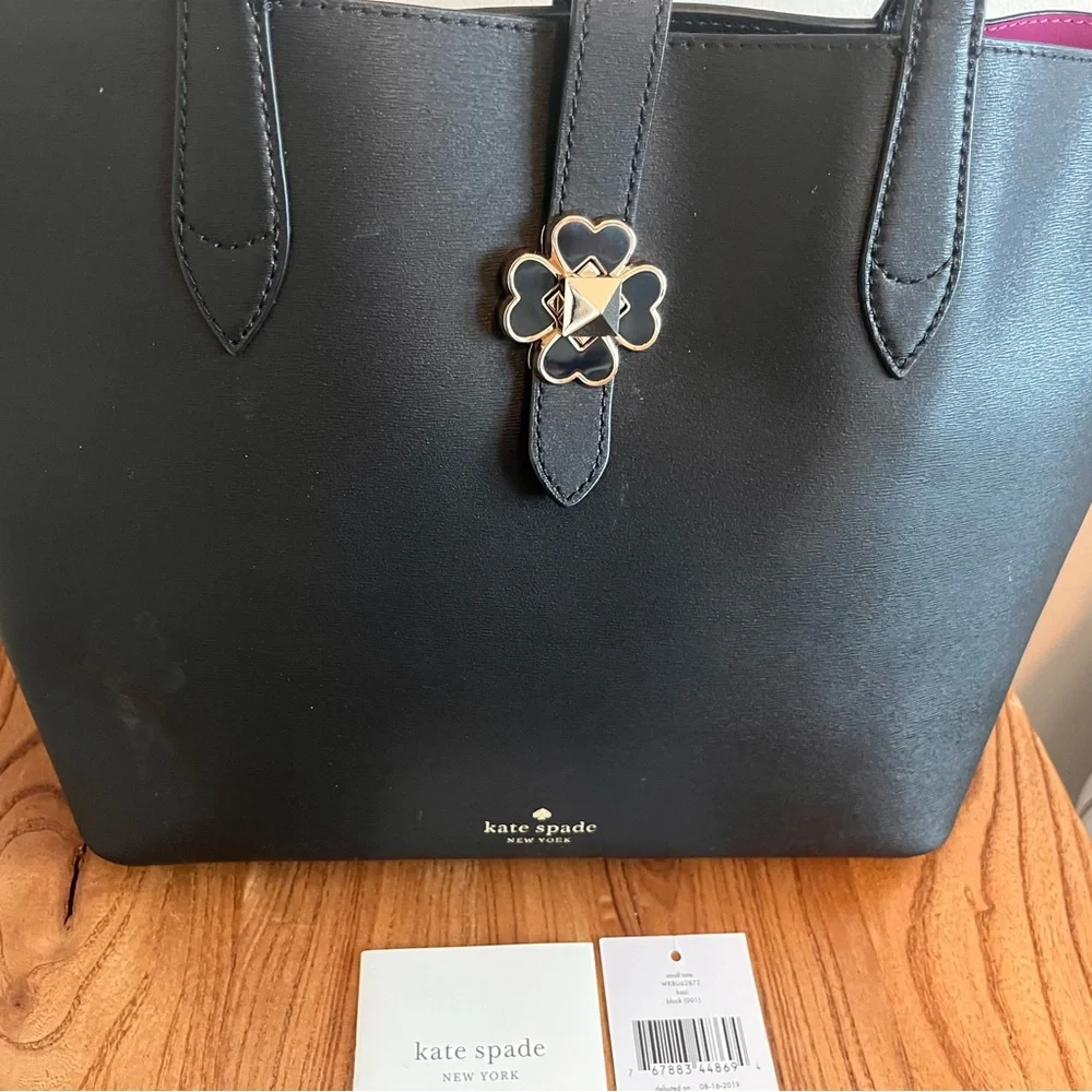 kate spade Black Kaci Tote with Pink Interior and Floral Clasp - Picture 3 of 8
